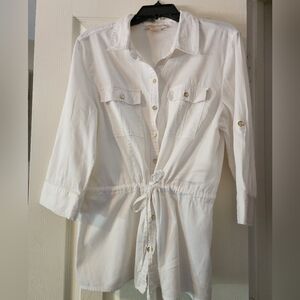 Michaels Kors Women's Button Down Roll Tab Shirt with Tie Waist